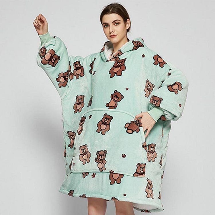 Bear Elephant Print Fleece Loose Wearable Hooded Blanket - Modakawa Modakawa