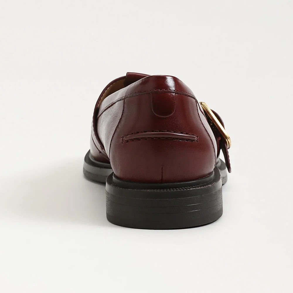 Maroon Slip-On T-Strap Round Toe Flat Mary Jane Shoes with Buckle