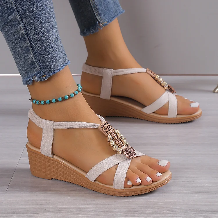 Beaded Mid Heel Slope Heel Flat Open Toe Sandals Radinnoo.com