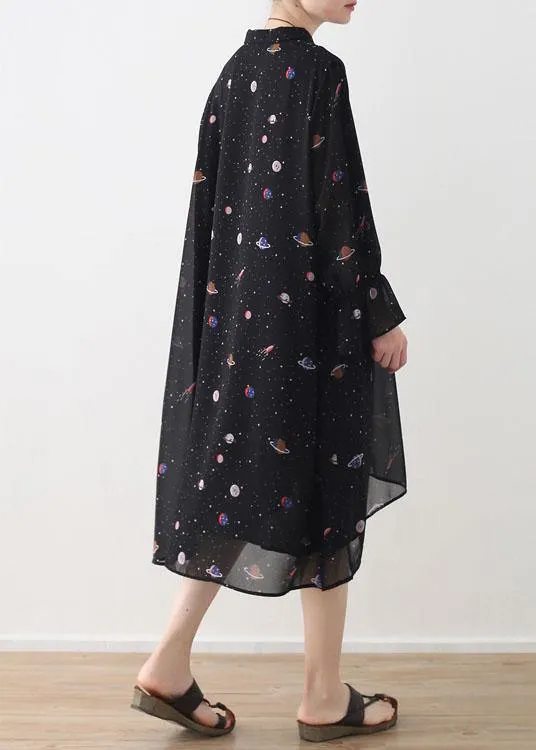 2021 Spring Summer Black Chiffon Flared Sleeve Floral Dress