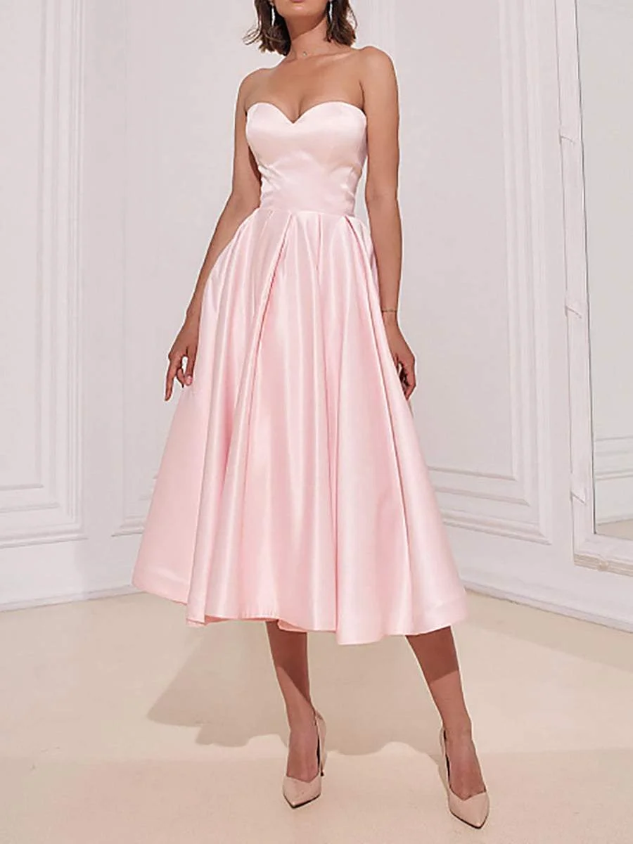 Soild color elegant strapless midi A-line dress
