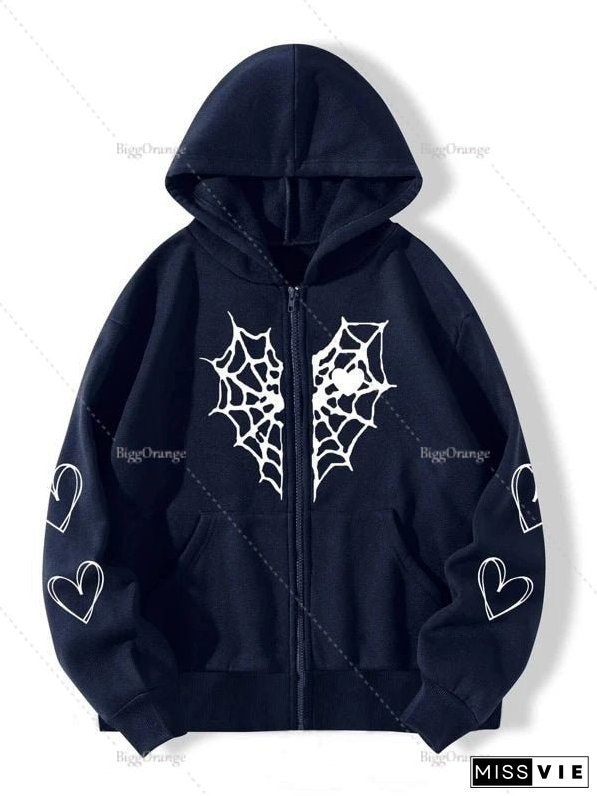 Spider Web Print Hoodie Womens Sweatshirt Loose Jacket Fashion Trend Zip Autumn Casual