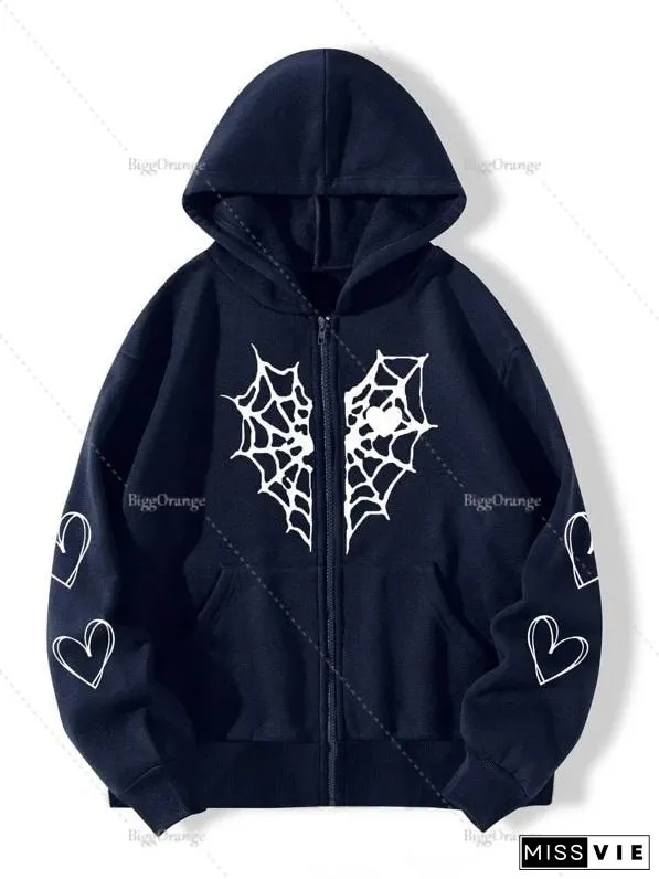 Spider Web Print Hoodie Womens Sweatshirt Loose Jacket Fashion Trend Zip Autumn Casual