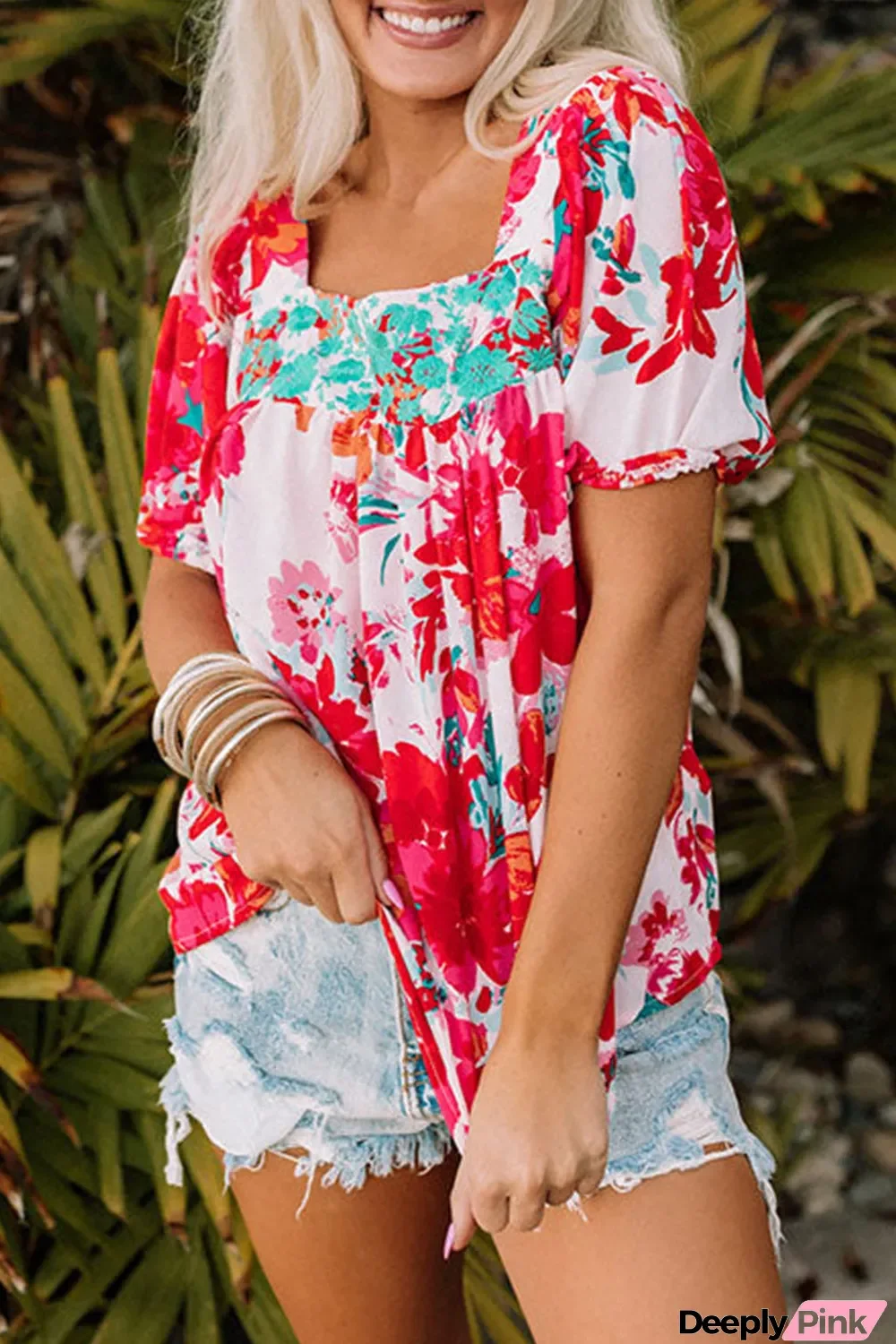 Red Floral Printed Square Neck Blouse