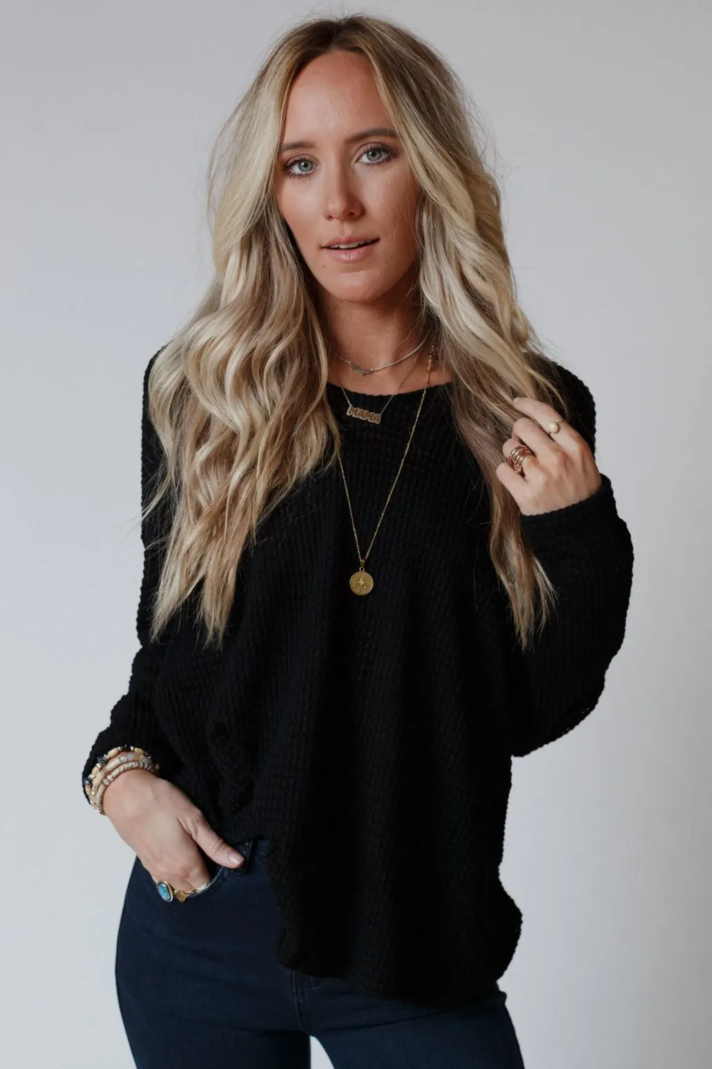 The Nest Flattering Open Back Thermal Knit Top - Black
