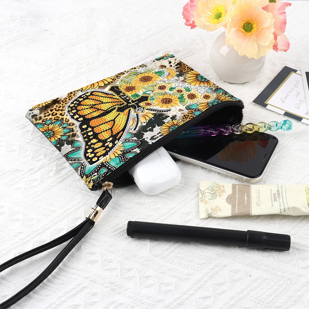 DIY Butterfly PU Partial Special Shaped Diamond Painting Wallet Makeup Bag