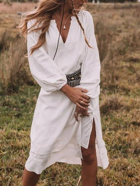 White V Neck Casual Plain Dresses