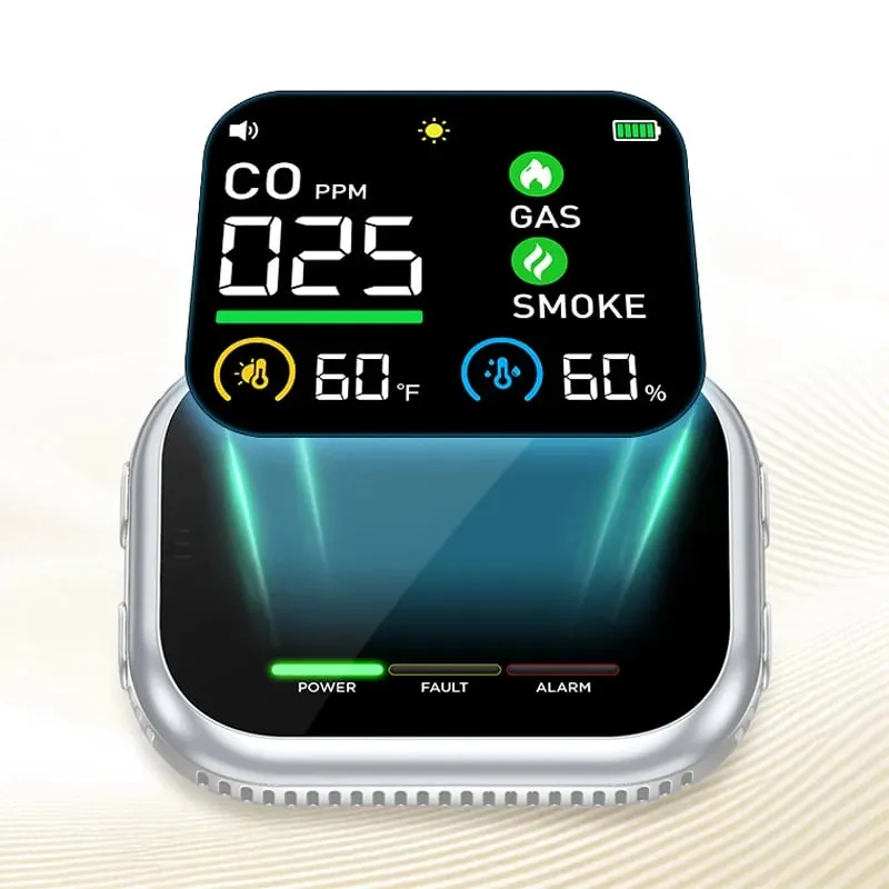 Multi-function home safety detector with LCD display for CO gas smoke temperature and humidity monitoring