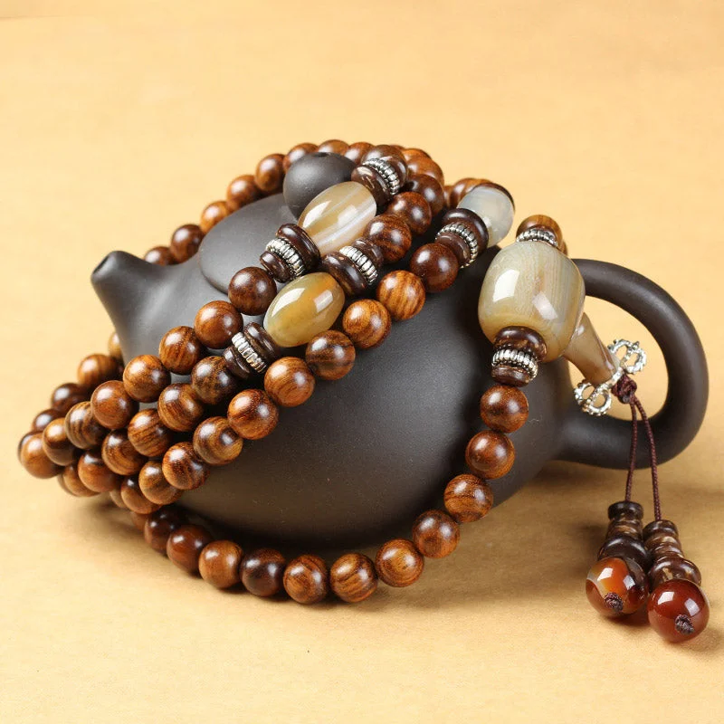 Tibetan 108 Mala Beads Rosewood Sardonyx Red Agate Calm Protection Bracelet
