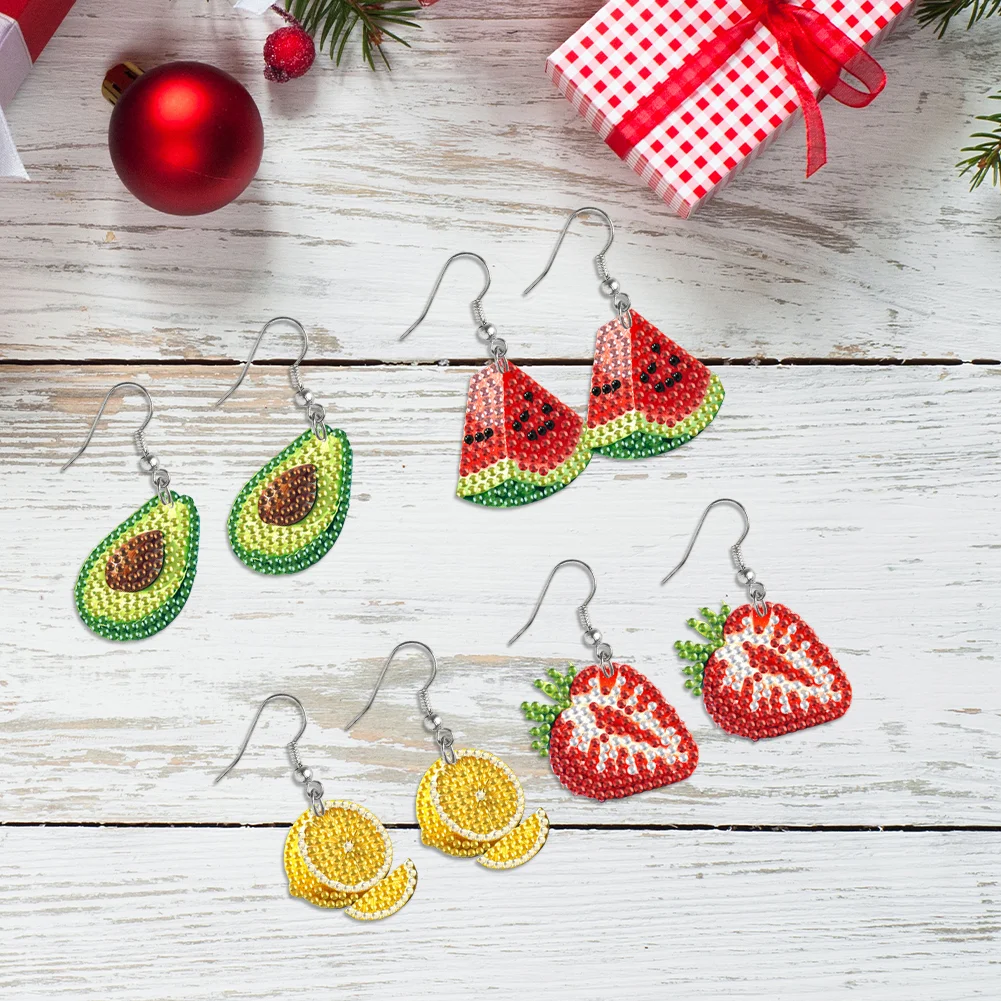 4 Pairs Fruits Double Sided Diamond Painting Earrings DIY Earrings Making Kit