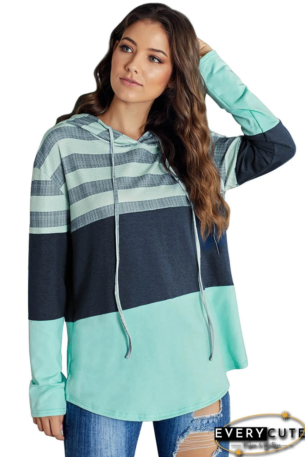 Green Speak to Me Color Block Drawstring Hoodie