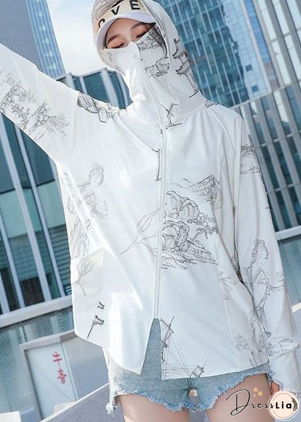 Style White Zip Up Pockets Print Patchwork Ice Silk UPF 50+ Coat Summer