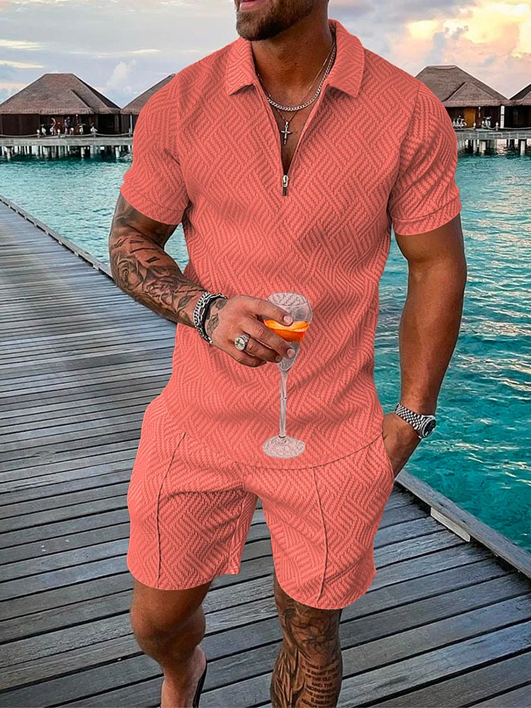 Men's Vacation Style Orange Lapel Polo Suit