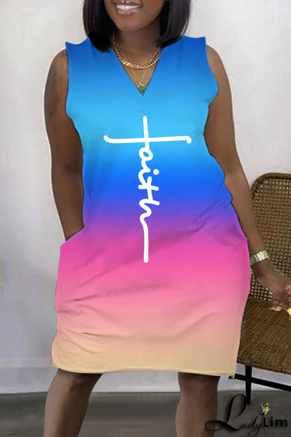 Colour Casual Print Patchwork V Neck Straight Dresses