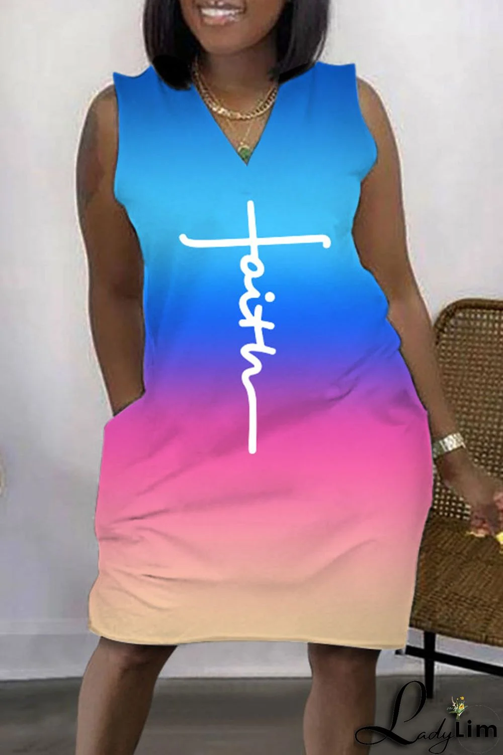 Colour Casual Print Patchwork V Neck Straight Dresses