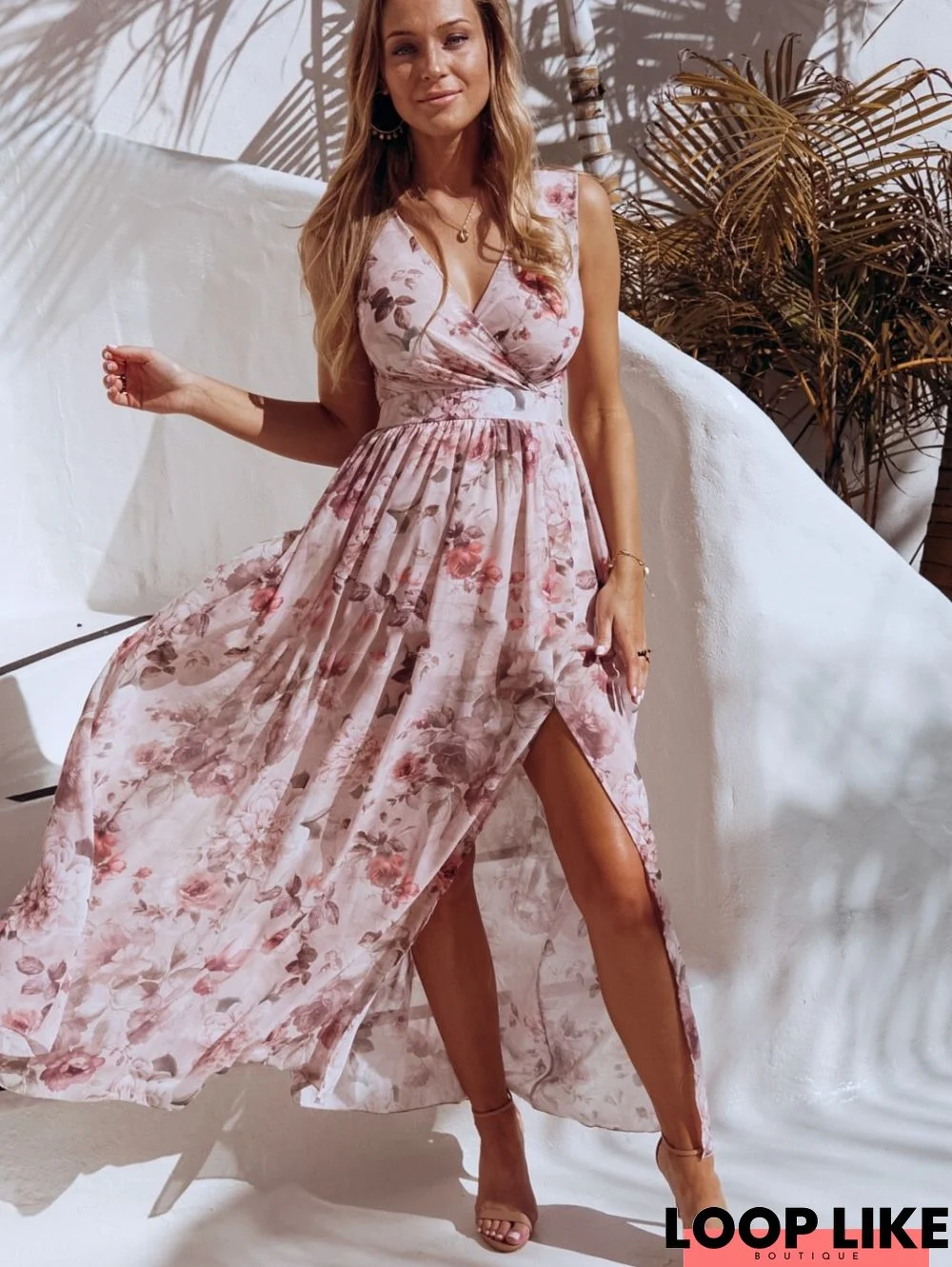 Sleeveless Printed Chiffon Split V-Neck Dress