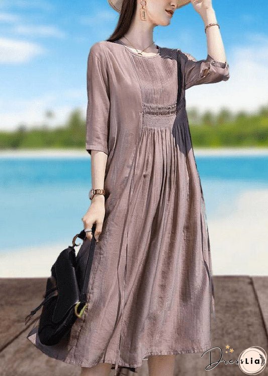Retro Coffee O-Neck Wrinkled Linen Holiday Long Dresses Short Sleeve
