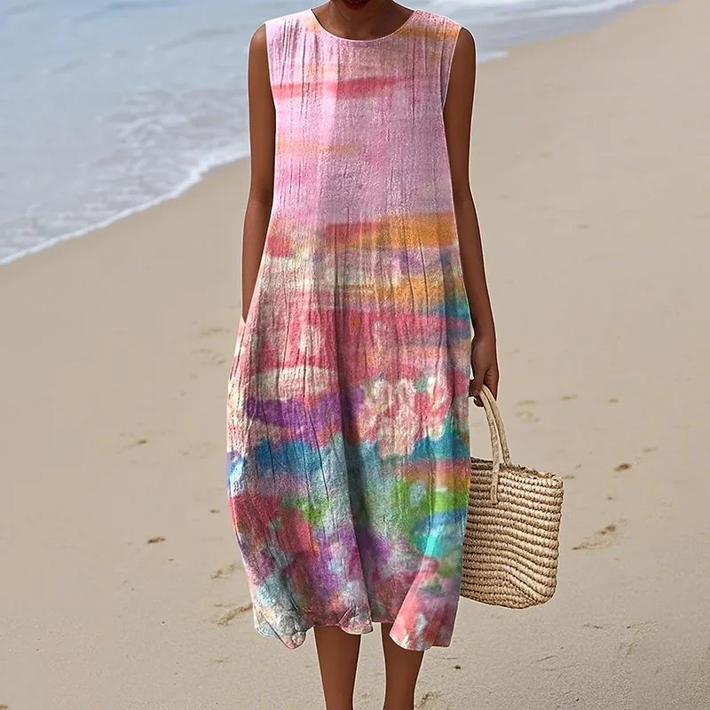 Women's Retro Cancer Awareness Ribbon Art Gradient Style Print Sleeveless Cotton Wrap Dress