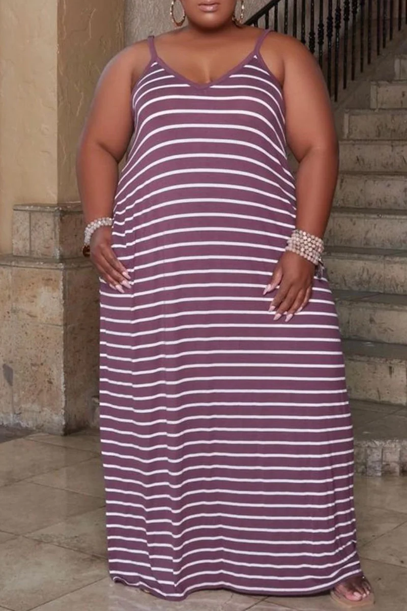 Purple Sexy Casual Striped Print Basic Spaghetti Strap Long Dress Plus Size Dresses | EGEMISS