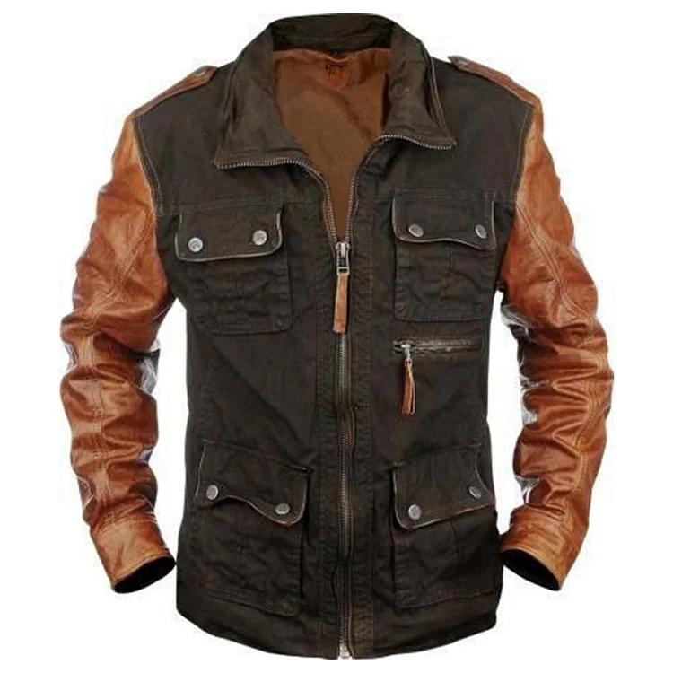 Men's Vintage Colorblock Pocket Tactical Leather Jacket