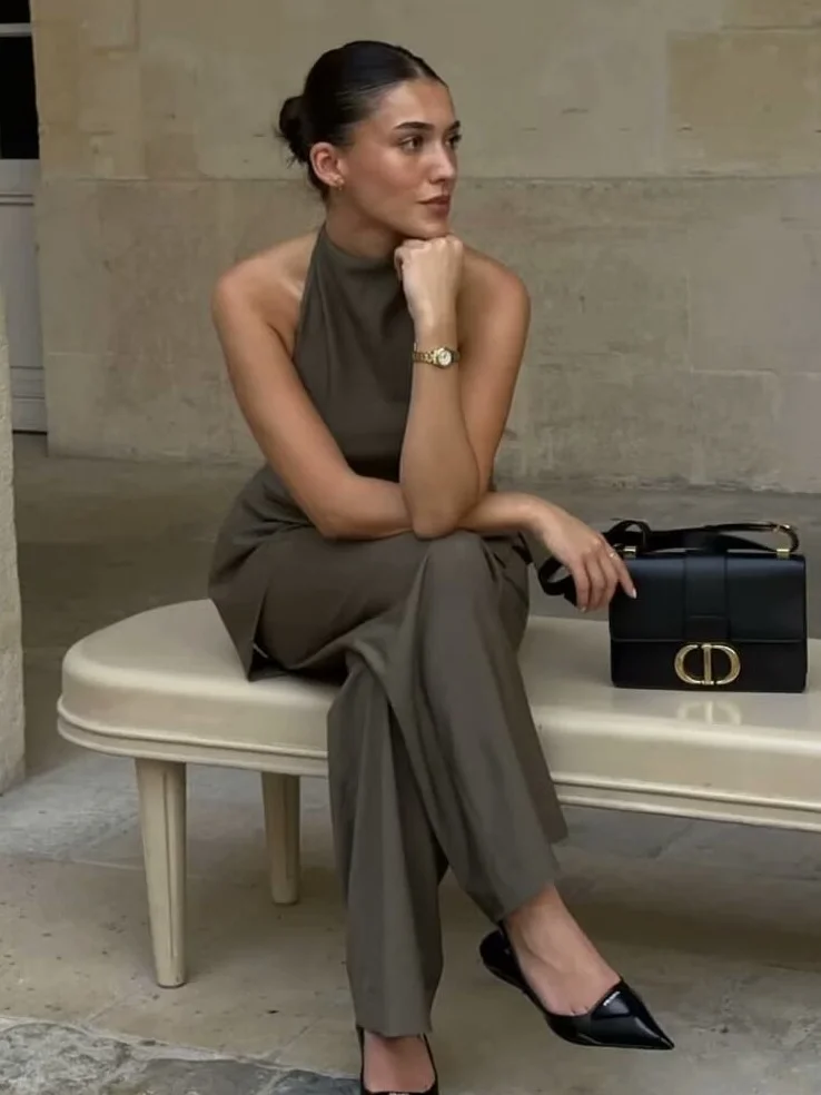 Nigikala Nigikala Women's Clothing Neck Tie Minimalist Top + Mid-Rise Loose Trousers B88651