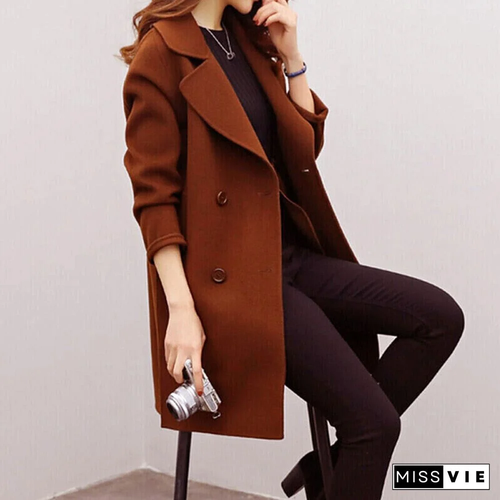 new Women Jacket Autumn Winter Solid Color Lapel Double-breasted Midi Coat Woolen Outwear Lady button-down jacket