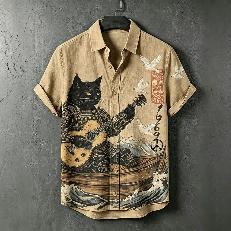 Men's Retro Black Cat Plays Peaceful Music Japanese Ukiyo-e Art Print Button Casual Shirt