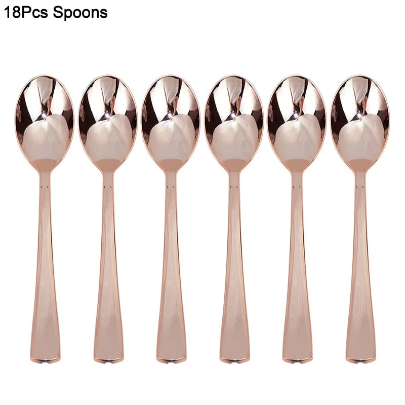 18Pcs Rose Gold Plastic Disposable Tableware Dessert Knives Forks Spoon Wedding Birthday Party Decoration Supplies Cutlery Set
