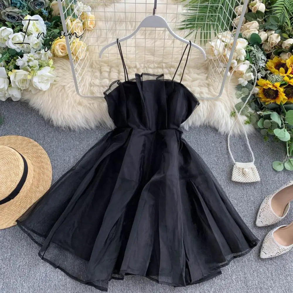 Ingvn - Spring Outfits Summer Spaghetti Strap High Waist Sleeveless Mini Chiffon Elegant Women Lady