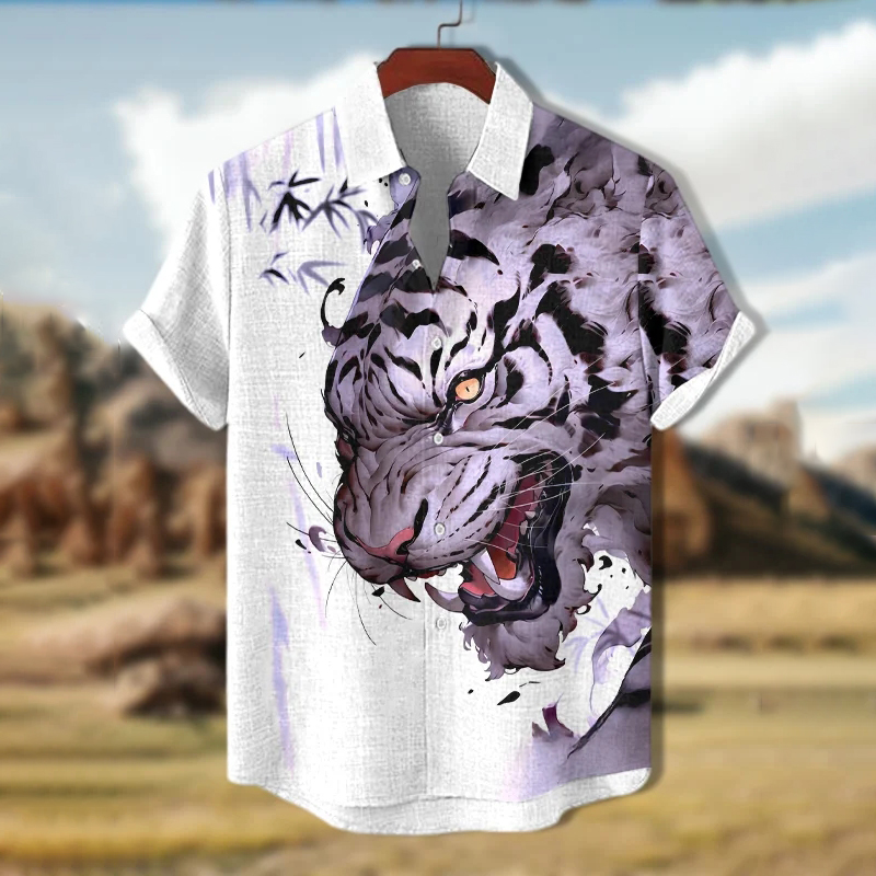 Men's Retro White Tiger Ink Art Print Short Sleeve Shirt