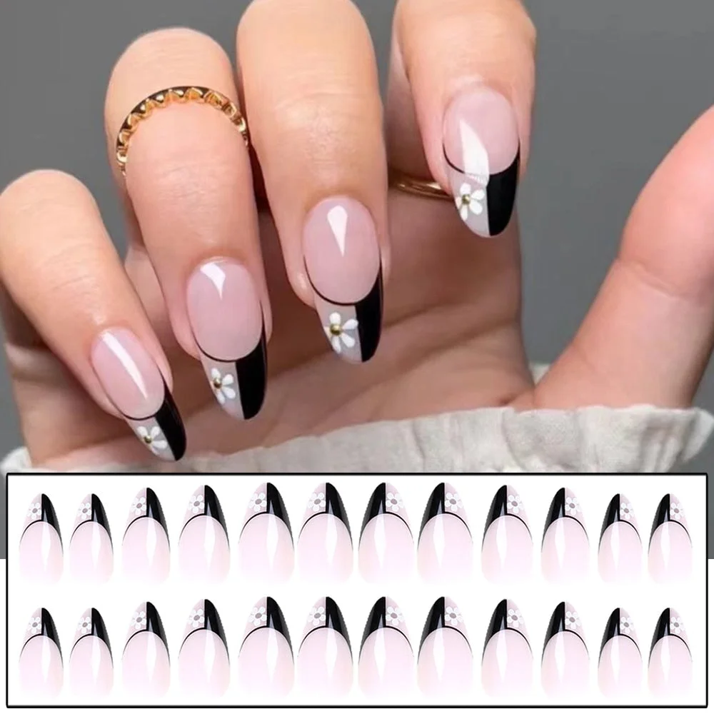 24pcs Point Head False Nails Tips Press On Nail with Heart Print Design Girl DIY Nail Patch Removable French Style Fake Nails-Nail Inspo