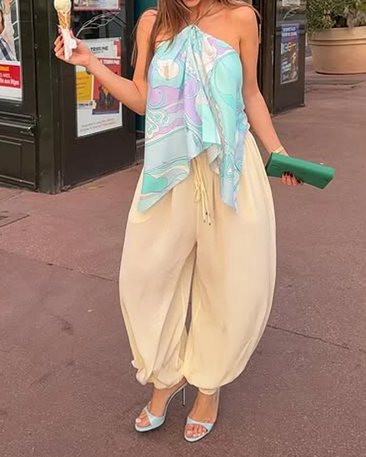 Sleeveless printed casual two-piece suit