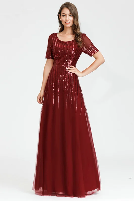 Burgundy Short Sleeve Sequins Prom Dress Long Online - lulusllly
