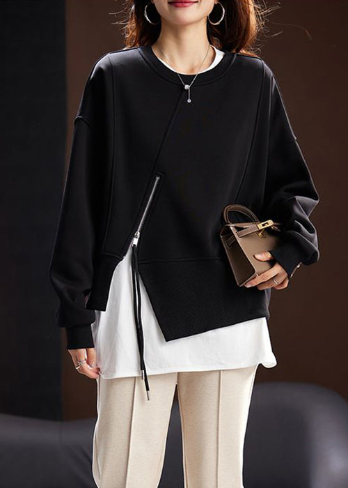 VCSHOES Loose Black Zippered Front Open Cotton Sweatshirt Long Sleeve