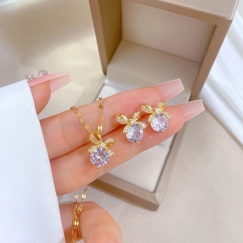 Copper Minimalist Plating Inlay Rhombus Bow Knot Zircon Jewelry Set