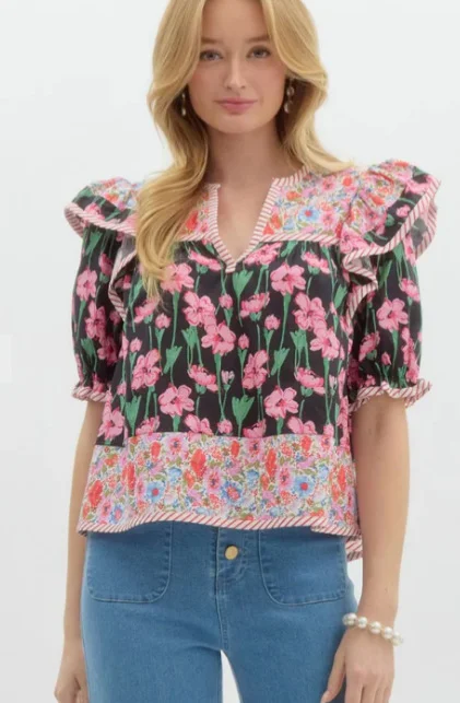 Athvotar Athvotar Summer New Women's Small Fresh Print Flowers Short-Sleeved Leisure Commute OL Top Women's Clothing