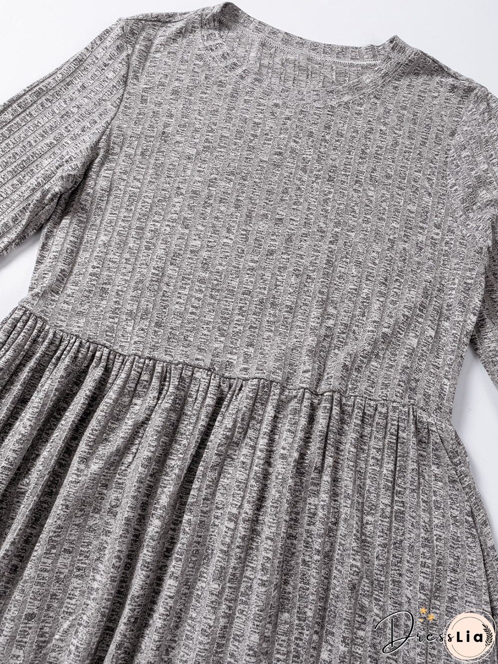 Textured Gray Ruffle Detail A-Line Midi Dress