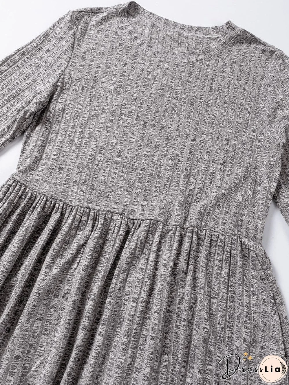 Textured Gray Ruffle Detail A-Line Midi Dress