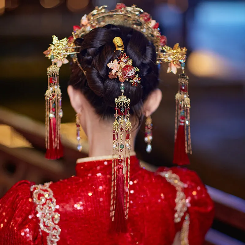 Red Vintage Chinese Phoenix Crown Bridal Pearl Velvet Flower Tassel Cheongsam Headdress Set