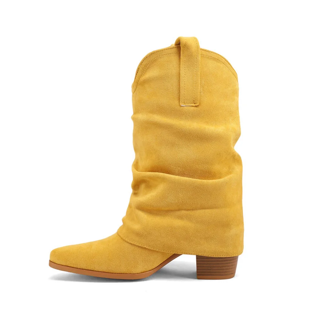 Block Heel Snip Toe Yellow Fold Over Cowgirl Boots for Women