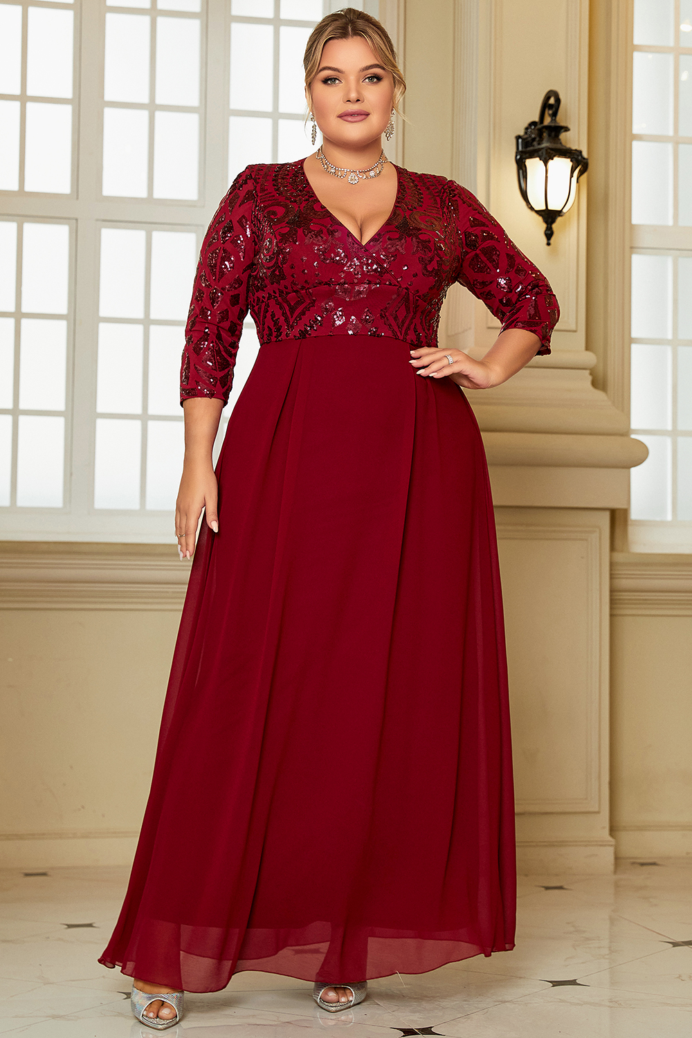 Flycurvy Plus Size Party Red Christmas Sparkly Sequin Patchwork Empire Waist Tunic Maxi Dress 2024 - Flycurvy 