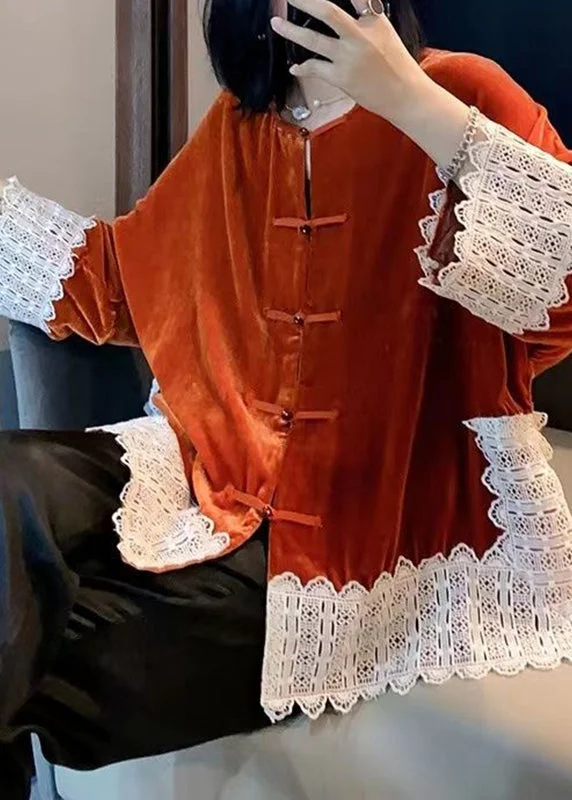 Women Orange Lace Patchwork Silk Velour Coats Long Sleeve