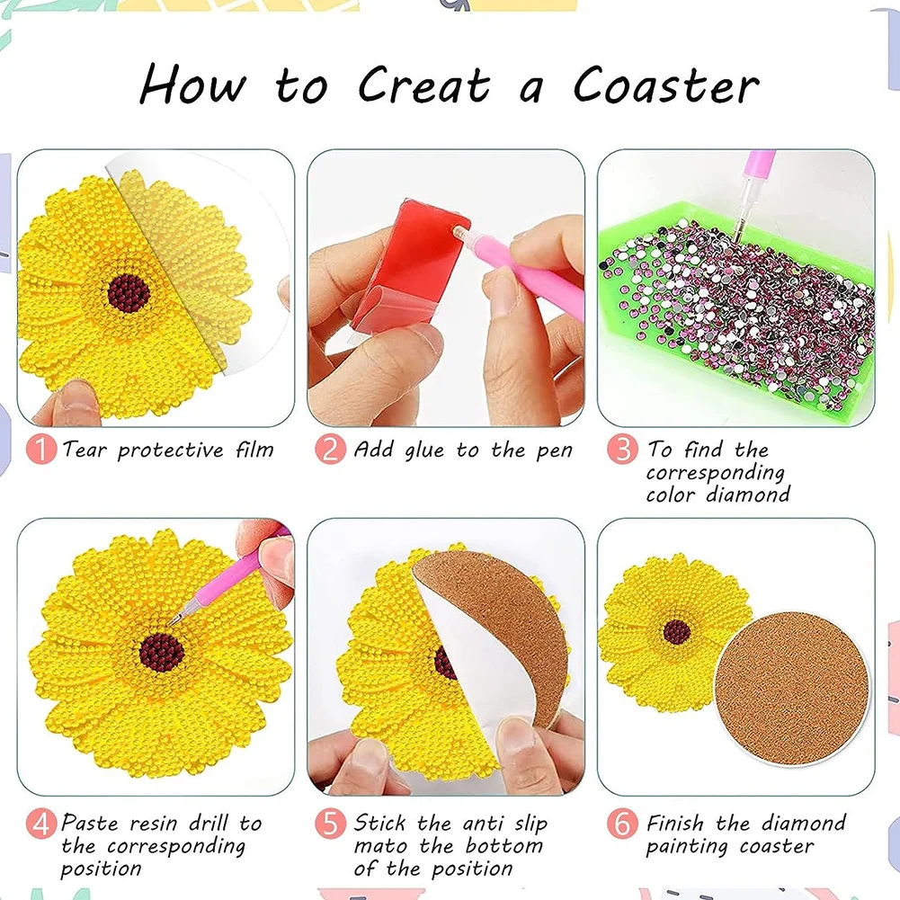 8pcs DIY Flower Diamond Crafts Coasters with Holder Acrylic DIY Coaster