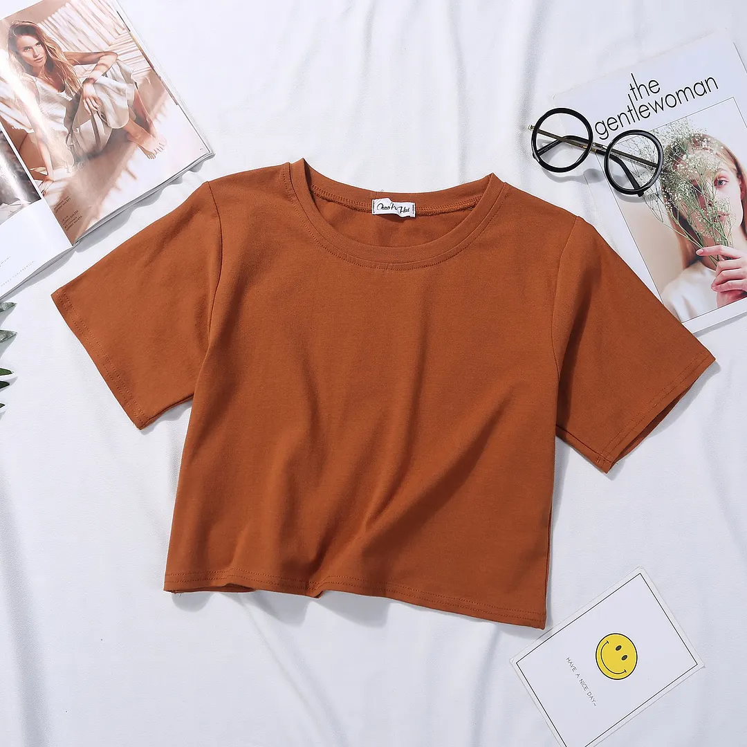 Churchf Churchf Top White Short T-Shirt Female Summer Short Sleeve Korean Version Pure Color Students High Waist Leakage Navel Loose Versatile