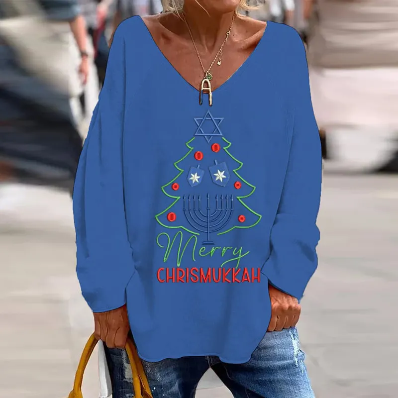 Women's Merry Christmas Hanukkah Print Casual Long Shirt