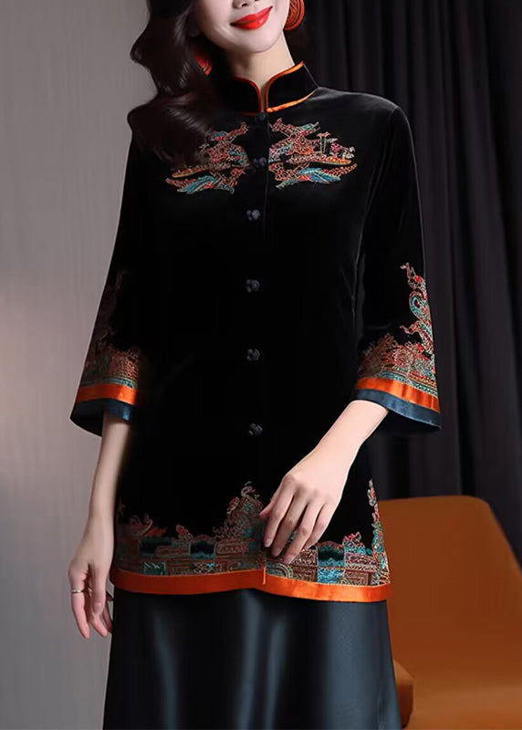 VCSHOES Black Stand Collar Embroidered Button Silk Velour Coats Fall