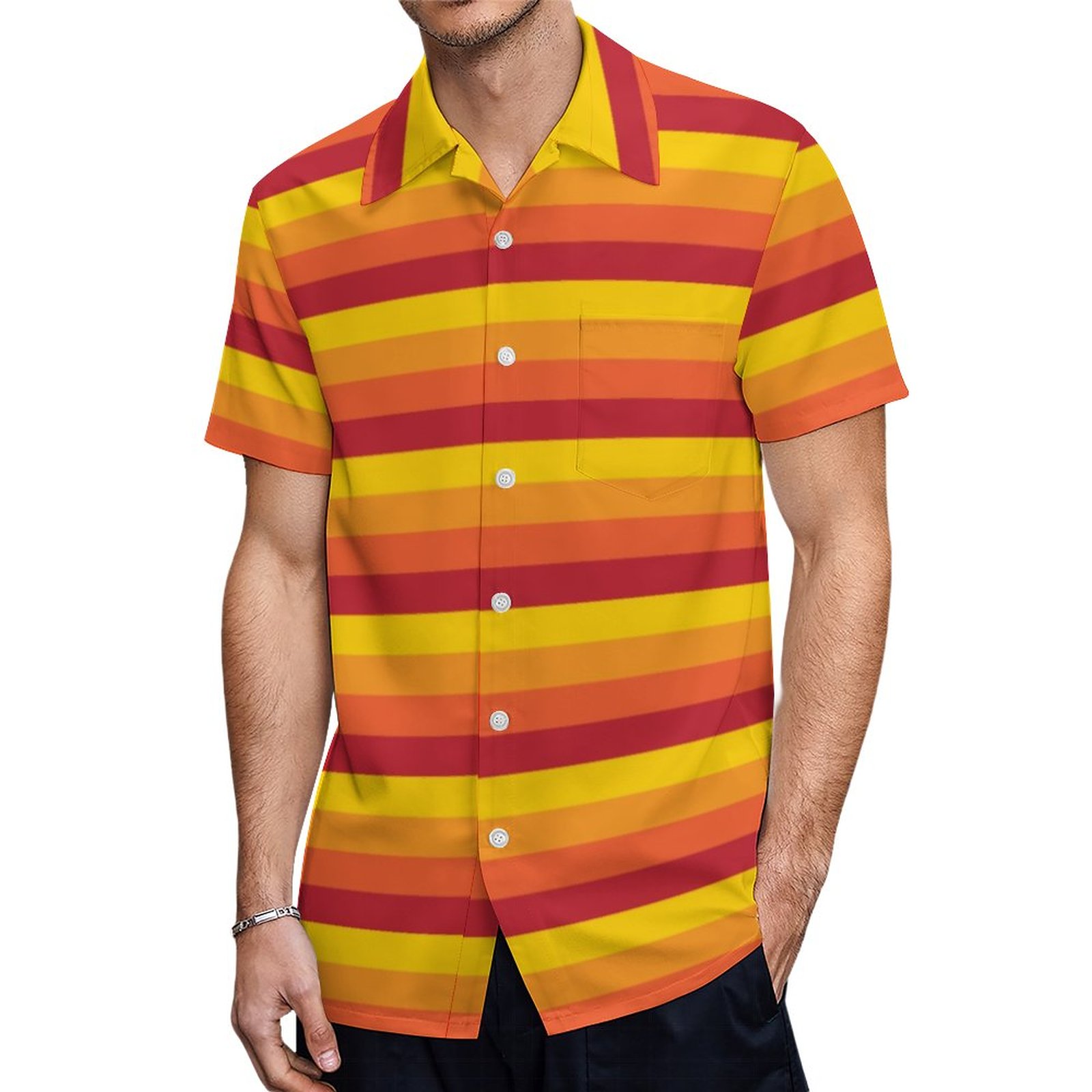 Cool Retro 70S Stripes Orange Yellow Red Hawaiian Shirt Mens Button Down Plus Size Tropical Hawaii Beach Shirts