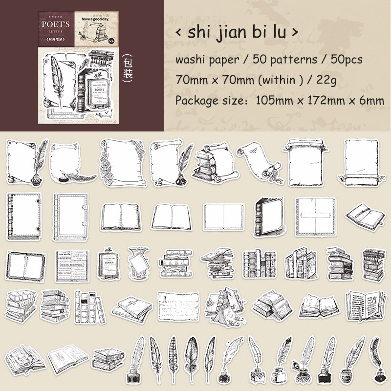 Journalsay 50 Sheets Poet'sletter Series Vintage Material Decor Washi Paper Sticker