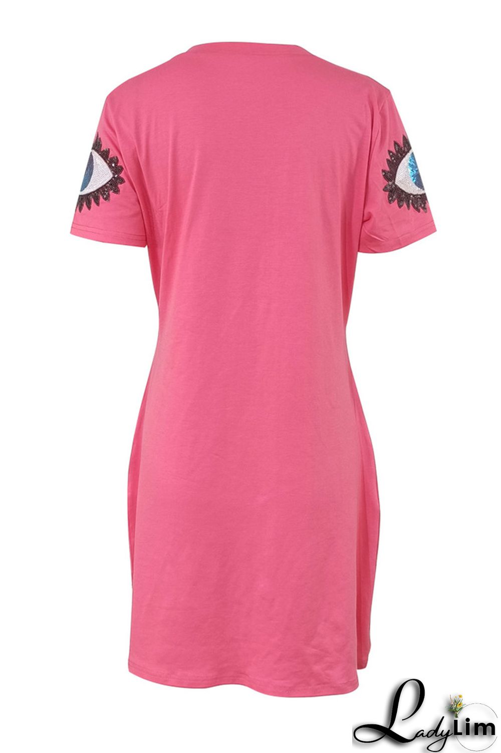 Rose Red Fashion Casual Patchwork Sequins O Neck T-shirt Dress