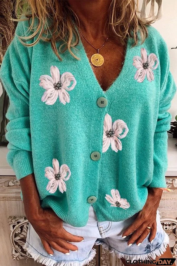Floral Knit Single Breasted Long Sleeved Cardigan Coats